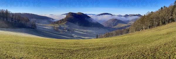 High fog wafts through the valleys of the Jura, prominent rock Ankenballen on the left, Geissflueh, Canton Baselland, Switzerland, Europe