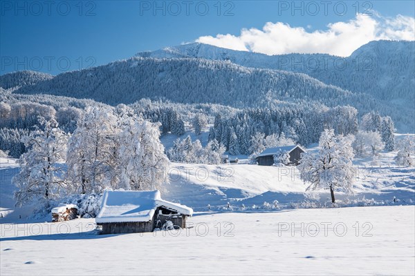 Winter landscape with hay barns in front of the Heimgarten 1791m, Ohlstadt, Loisachtal, The Blue Country, Bavarian Alps, Upper Bavaria, Bavaria, Germany, Europe