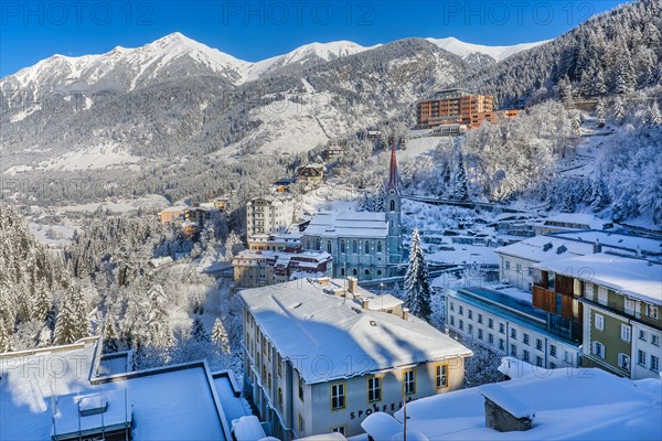 Snow-covered winter panorama of the village, Bad Gastein, Gastein Valley, Hohe Tauern National Park, Salzburg province, Austria, Europe