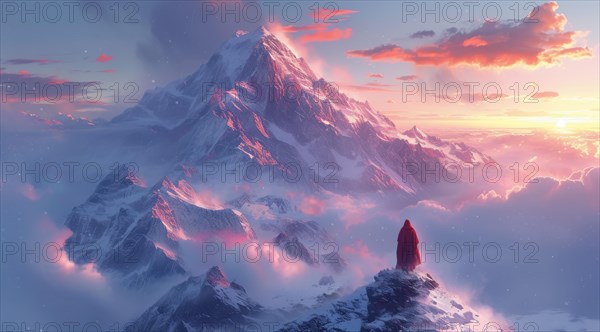 Solitary figure facing a majestic snow-covered mountain at sunrise with pink hues, ai generated, AI generated