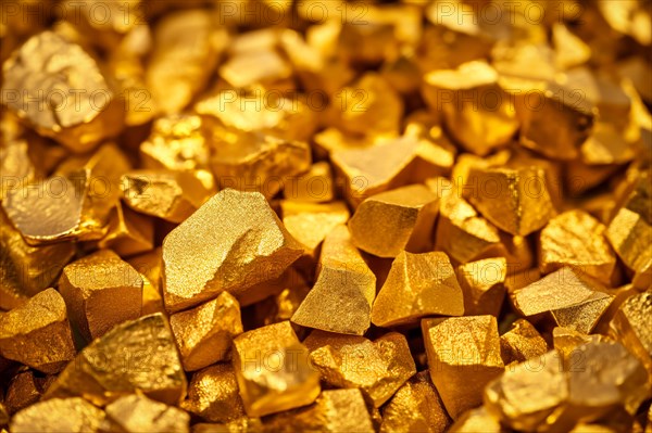 Pile of shiny glittering golden nuggets close up, AI generated