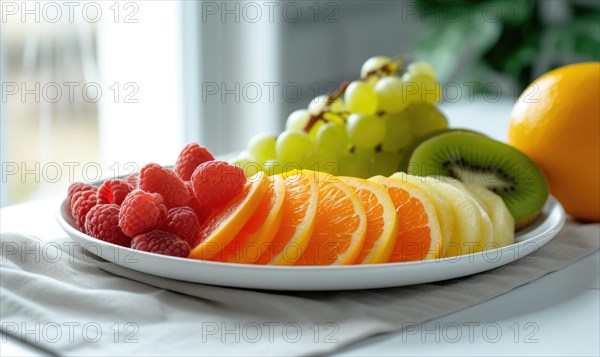 Fresh fruits on a white plate in the kitchen. Healthy eating AI generated