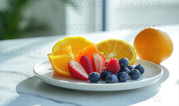 Fresh fruits on a white plate in the kitchen. Healthy eating AI generated