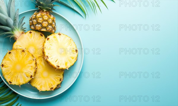 Pineapple slices on blue plate over blue background. Top view with copy space AI generated