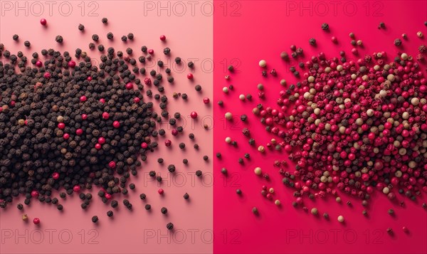 Top view of pink and black pepper peppercorns on pink background AI generated