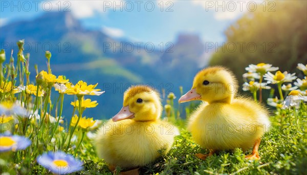 KI generated, animal, animals, bird, birds, biotope, habitat, one, single animal, foraging, wildlife, duck, ducks, domestic duck, female, (Anas platyrhynchos) white, white, yellow ducklings, young animals, animal children, two, three, four, white duck mother with yellow chicks, excursion, water, meadow, grass, spring, summer, flowers, pond, swimming, sitting, farm animal, domestic animal