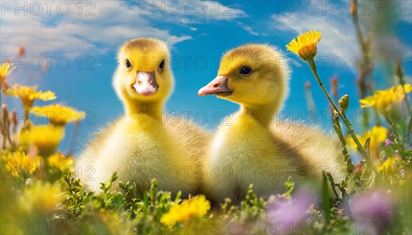 AI generated, animal, animals, bird, birds, biotope, habitat, one, individual, foraging, wildlife, goose, domestic goose, domestic geese, (Anser anser), female, gosling, gosling, yellow gosling, swim, pond, body of water, water, lie, meadow, flowers, summer, two, three, four, pet, domestic animals, farm animal, farm animals