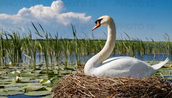 Ai generated, animal, animals, bird, birds, biotope, habitat, a, individual, water, reed, water lilies, blue sky, foraging, wildlife, white, white swan, swans, mute swan (Cygnus olor), summer, seasons, sideways