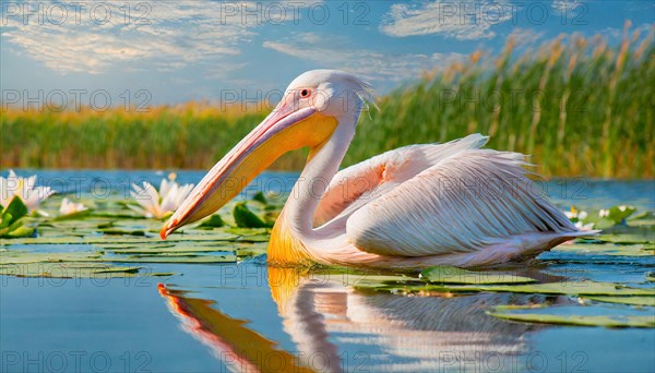 Ai generated, animal, animals, bird, birds, biotope, habitat, one, individual, swims, waters, reeds, water lilies, blue sky, foraging, wildlife, summer, seasons, dalmatian pelican (Pelecanus crispus)