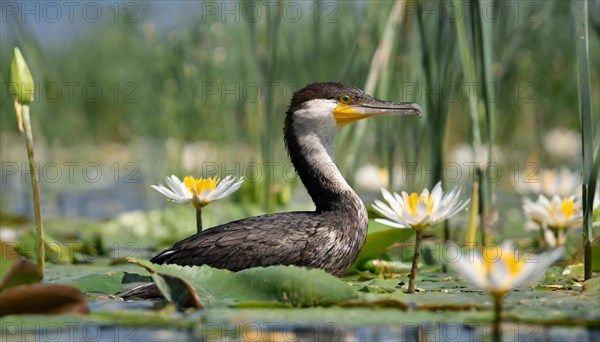 Ai generated, animal, animals, bird, birds, biotope, habitat, an, individual, swims, waters, reeds, water lilies, blue sky, foraging, wildlife, summer, seasons, great cormorant (Phalacrocorax carbo)