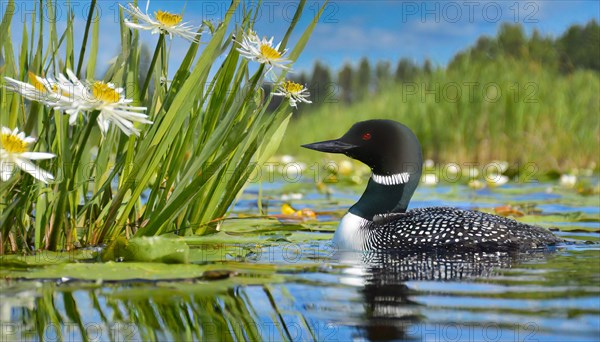 Ai generated, animal, animals, bird, birds, biotope, habitat, a, individual, swims, waters, breeds, nest, reeds, water lilies, blue sky, foraging, wildlife, summer, seasons, loon, (Gavia immer), tundra, Greenland, Iceland, Canada, loon, winters on the coasts of Europe, North America