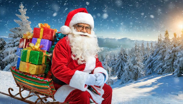 AI generated, man, 70+, Father Christmas, red coat, backpack, full beard, winter, snow, ice, fir trees, snowy, snowflakes, winter landscape, Christmas hat, costume, clothes, colourful, colourful presents, packages, nice teeth, smiles, friendly, Christmas, evening, night shot, winter forest, sleigh