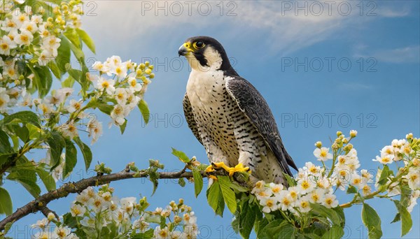 KI generated, animal, animals, bird, birds, biotope, habitat, a, individual, sits, branch, perch, summer, peregrine falcon (Falco peregrinus) flight recording, blue sky, tree blossom, fruit tree, fruit tree blossom