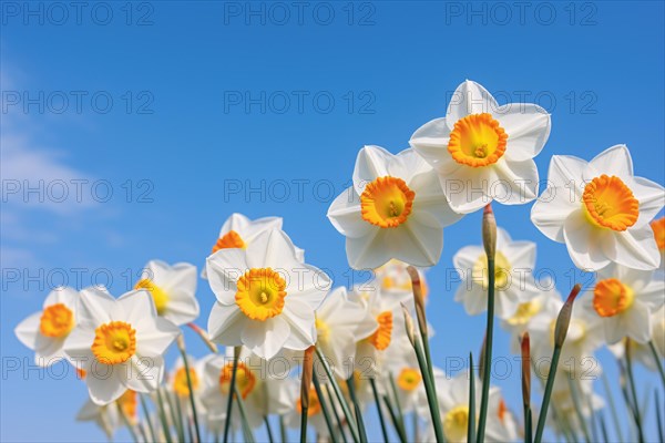 White Daffodil flowers in front of clear blue sky. KI generiert, generiert AI generated