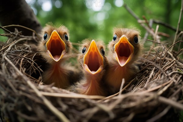 Young hungry birds with open mouths in nests waiting to be fed. KI generiert, generiert AI generated