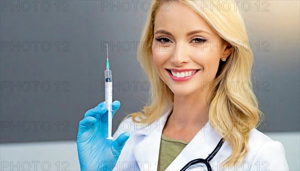 AI generated, RF, woman, woman, doctor, female doctor, 25, 30, years, attractive, attractive, doctor's office, holds a syringe in her hand, disposable syringe, flu shot, corona, pneumococcal, prevention, health, blonde, blonde, beautiful teeth, long hair