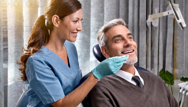 AI generated, dentist treats an attractive older man, senior, seniors, 65, dentist, blonde, 30, 35, years, dental treatment, follow-up, AI generated