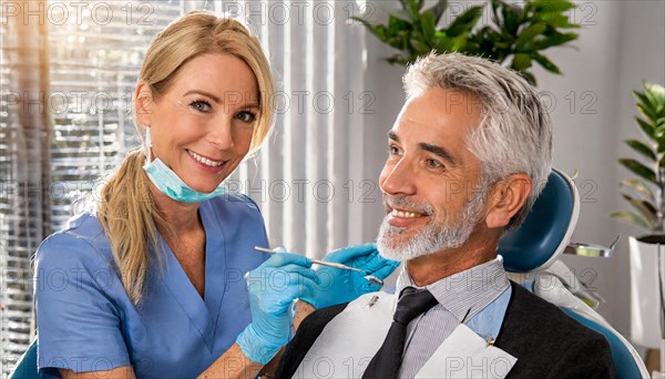 AI generated, dentist treats an attractive older man, senior, seniors, 65, dentist, blonde, 30, 35, years, dental treatment, follow-up, AI generated