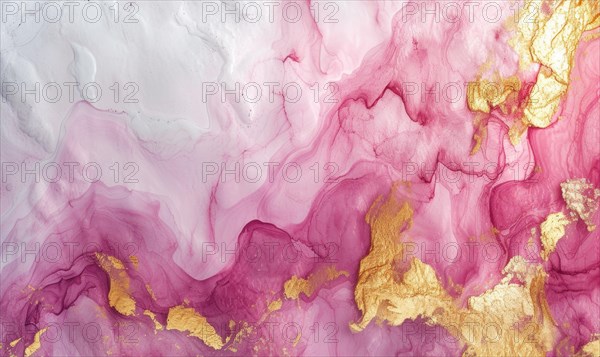 Pink and gold abstract texture background. Marbling artwork texture. Pink quartz ripple pattern. Gold powder AI generated