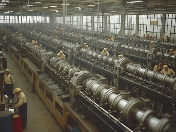 Factory work of the last century (around 1960) Workers work diligently in a machine factory, AI generated, retro, vintage