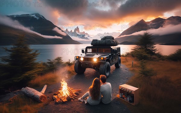 A couple enjoys a campfire beside an off-road vehicle with a scenic lake and mountains, ai generated, AI generated