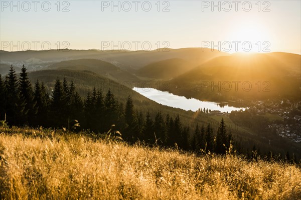 View from Hochfirst to Titisee and Feldberg, sunset, near Neustadt, Black Forest, Baden-Wuerttemberg, Germany, Europe