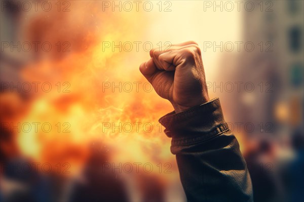 Raised fist in violent riot with fire burning on background. KI generiert, generiert AI generated