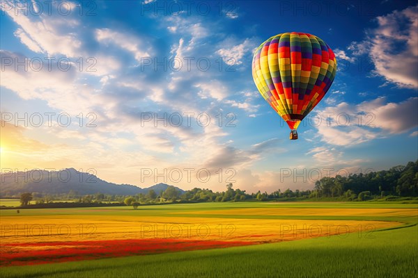 A colorful hot air balloon floats in sky over a blooming field meadow of flowers landscape at sunset with orange and blue skies in the background. Travel journey adventure beauty of nature concept, AI generated