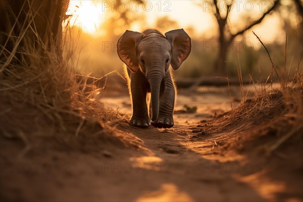 Baby elephant walking majestically against the backdrop of a golden sunset, AI generated