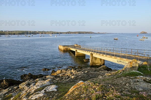 Coast with jetty in Lampaul, Ouessant Island, Finistere, Bretage, France, Europe