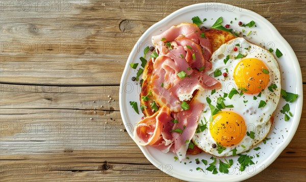 Breakfast with fried eggs, ham and parsley on wooden background AI generated