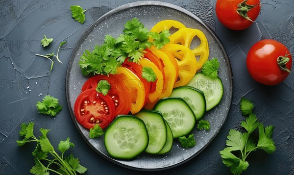 Fresh vegetable salad with tomatoes, cucumbers and greens on a black background AI generated