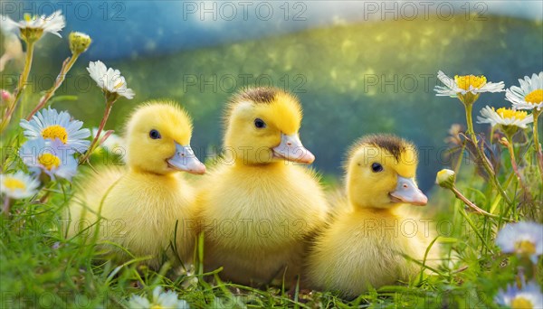 KI generated, animal, animals, bird, birds, biotope, habitat, one, single animal, foraging, wildlife, duck, ducks, domestic duck, female, (Anas platyrhynchos) white, white, yellow ducklings, young animals, animal children, two, three, four, white duck mother with yellow chicks, excursion, water, meadow, grass, spring, summer, flowers, pond, swimming, sitting, farm animal, domestic animal