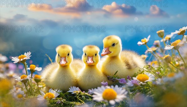 AI generated, animal, animals, bird, birds, biotope, habitat, one, individual, foraging, wildlife, goose, domestic goose, domestic geese, (Anser anser), female, gosling, gosling, yellow gosling, swim, pond, body of water, water, lie, meadow, flowers, summer, two, three, four, pet, domestic animals, farm animal, farm animals