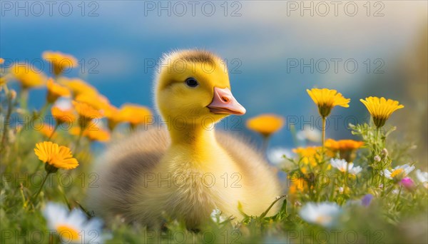 AI generated, animal, animals, bird, birds, biotope, habitat, one, individual, foraging, wildlife, goose, domestic goose, domestic geese, (Anser anser), female, gosling, gosling, yellow gosling, swim, pond, body of water, water, lie, meadow, flowers, summer, two, three, four, pet, domestic animals, farm animal, farm animals