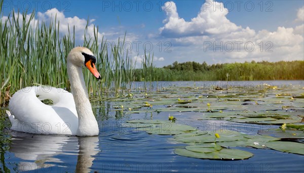 Ai generated, animal, animals, bird, birds, biotope, habitat, one, individual, swims, waters, reeds, water lilies, blue sky, foraging, wildlife, white, white swan, swans, mute swan (Cygnus olor), summer, seasons, sideways