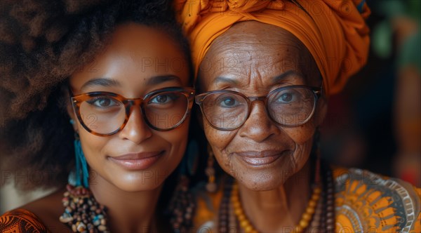 Portrait of two African women from different generations smiling together, showcasing cultural attire, ai generated, AI generated