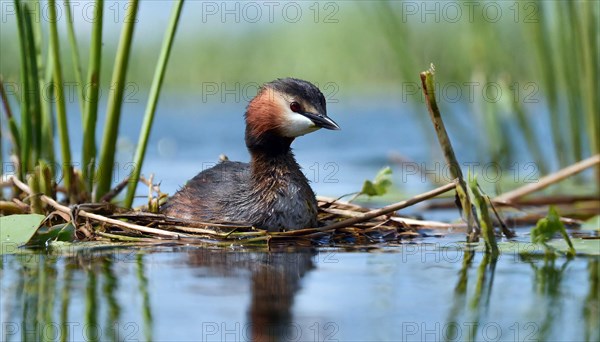 Ai generated, animal, animals, bird, birds, biotope, habitat, a, individual, swims, waters, reeds, blue sky, foraging, wildlife, water lilies, summer, seasons, red-necked grebe (Podiceps grisegena), sits, nest, Europe, juvenile