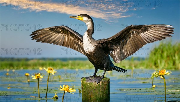 Ai generated, animal, animals, bird, birds, biotope, habitat, a, single animal, stands on pole, waters, reeds, water lilies, blue sky, foraging, wildlife, summer, seasons, great cormorant (Phalacrocorax carbo), dries its plumage, spreads its wings