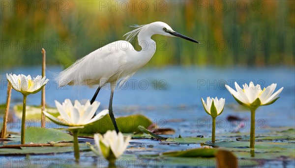 Ai generated, animal, animals, bird, birds, biotope, habitat, a, individual, swims, waters, reeds, water lilies, blue sky, foraging, wildlife, summer, seasons, little egret (Egretta garzetta)