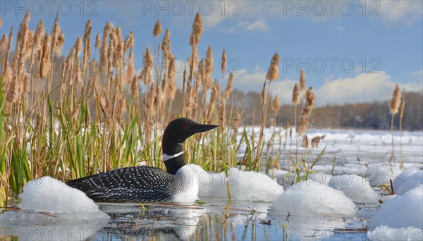 Ai generated, animal, animals, bird, birds, biotope, habitat, a, individual, swims, waters, reeds, water lilies, blue sky, foraging, wildlife, winter, seasons, loon, (Gavia immer), tundra, Greenland, Iceland, Canada, loon, winters on the coasts of Europe, North America