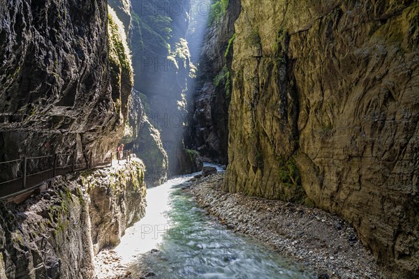 Sunbeams in a gorge, gorge, river, summer, Partnachklamm, Garmisch-Partenkirchen, Upper Bavaria, Bavaria, Germany, Europe