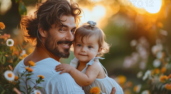 Cheerful father holding his little daughter in a summery field at sunset, ai generated, AI generated