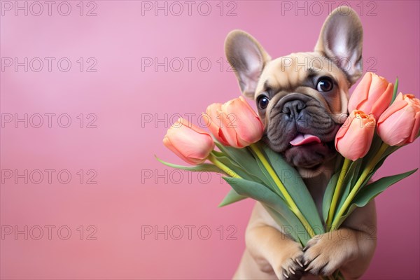 French Bulldog dog with tulip spring flowers on pink background with copy space. KI generiert, generiert AI generated