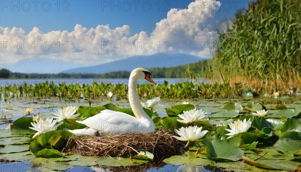 Ai generated, animal, animals, bird, birds, biotope, habitat, a, individual, swims, waters, reeds, water lilies, blue sky, foraging, wildlife, summer, seasons, mute swan (Cygnus olor), broods at the nest