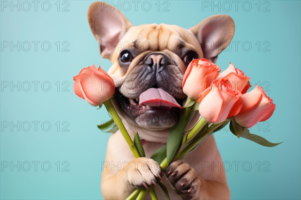 Cute French Bulldog dog holding rose flowers on blue studio background. KI generiert, generiert AI generated