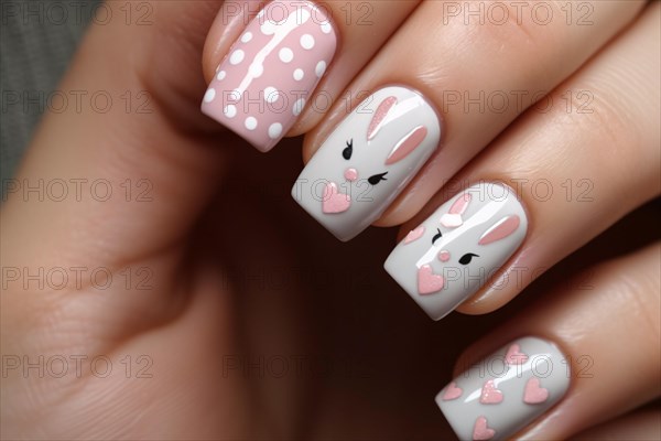 FIngernail nail art design with Easter bunnies, dots and hearts. KI generiert, generiert AI generated