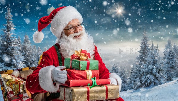 AI generated, man, 70+, Father Christmas, red coat, backpack, full beard, winter, snow, ice, fir trees, snowy, snowflakes, winter landscape, Christmas hat, costume, clothes, colourful, colourful presents, packages, nice teeth, smiles, friendly, Christmas, evening, night shot, winter forest