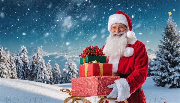 AI generated, man, 70+, Father Christmas, red coat, backpack, full beard, winter, snow, ice, fir trees, snowy, snowflakes, winter landscape, Christmas hat, costume, clothes, colourful, colourful presents, packages, nice teeth, smiles, friendly, Christmas, evening, night shot, winter forest, sleigh