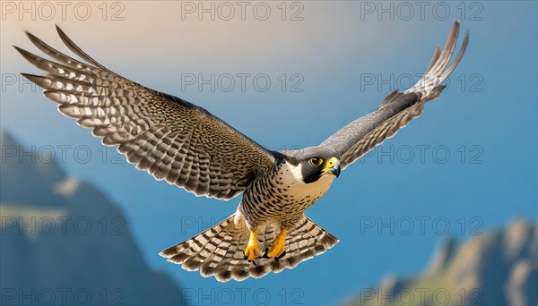 KI generated, animal, animals, bird, birds, biotope, habitat, one, individual, flying, flying, summer, peregrine falcon (Falco peregrinus) flight, blue sky